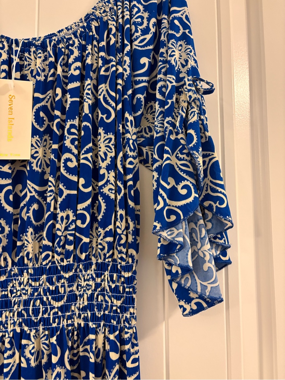 Blue and White Printed Maxi Dress with Smocked Waist- soft flowy and pretty! - Picture 3 of 12